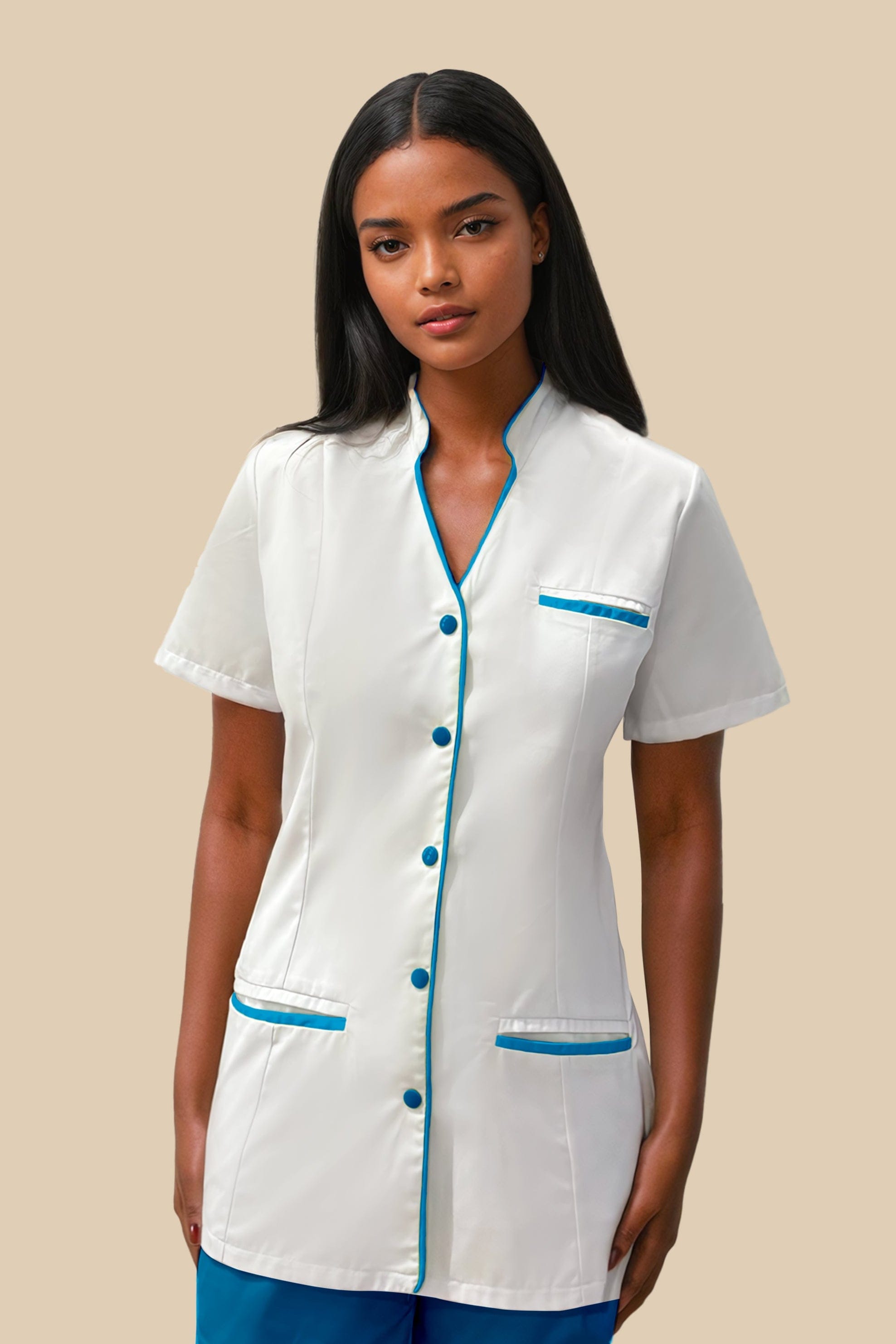 Blouse médicale pour femme avec col en V blanc et turquoise