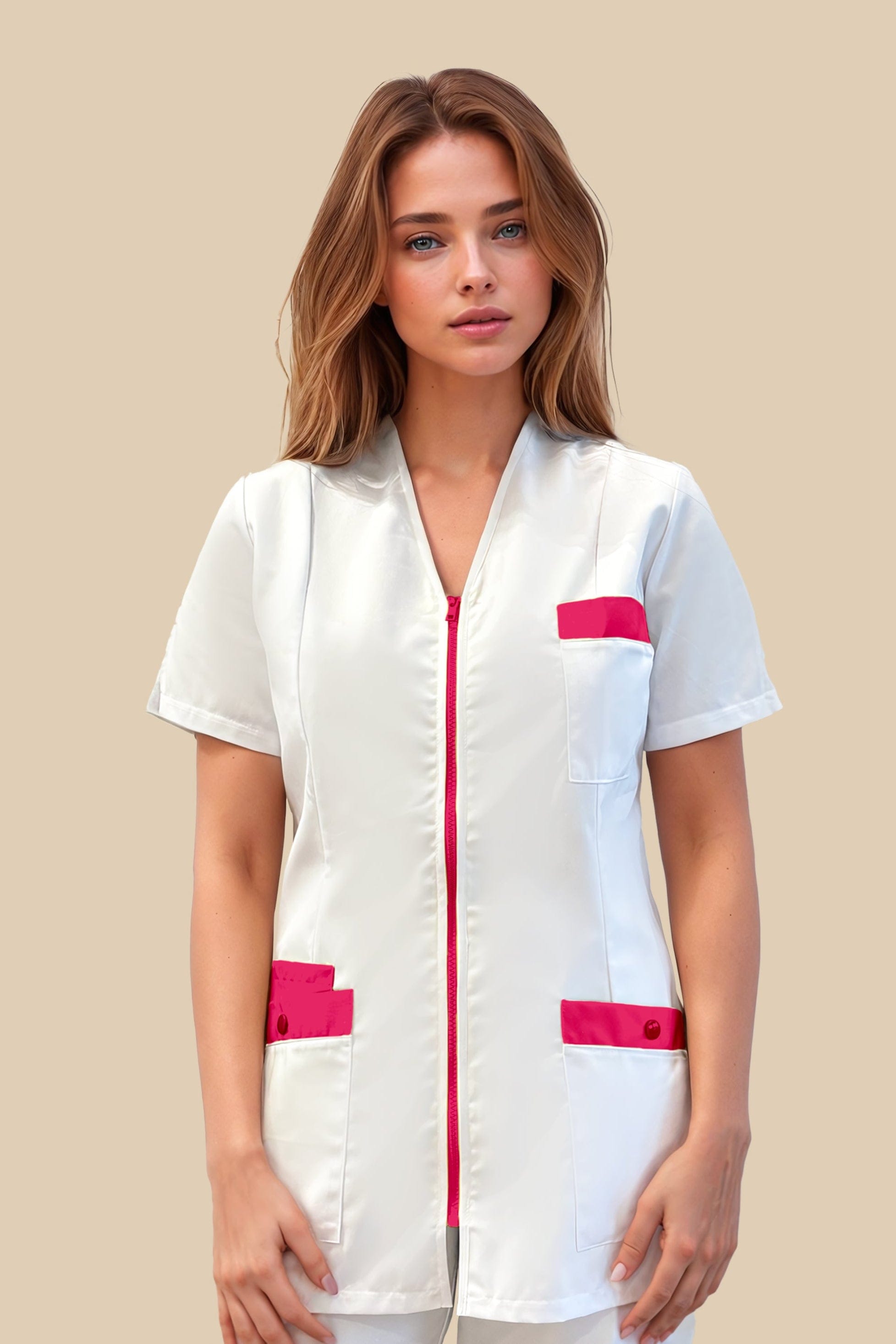SRC Création Blouse Médicale Blouse médicale femme fermeture éclair blanc et fuchsia - ISKA