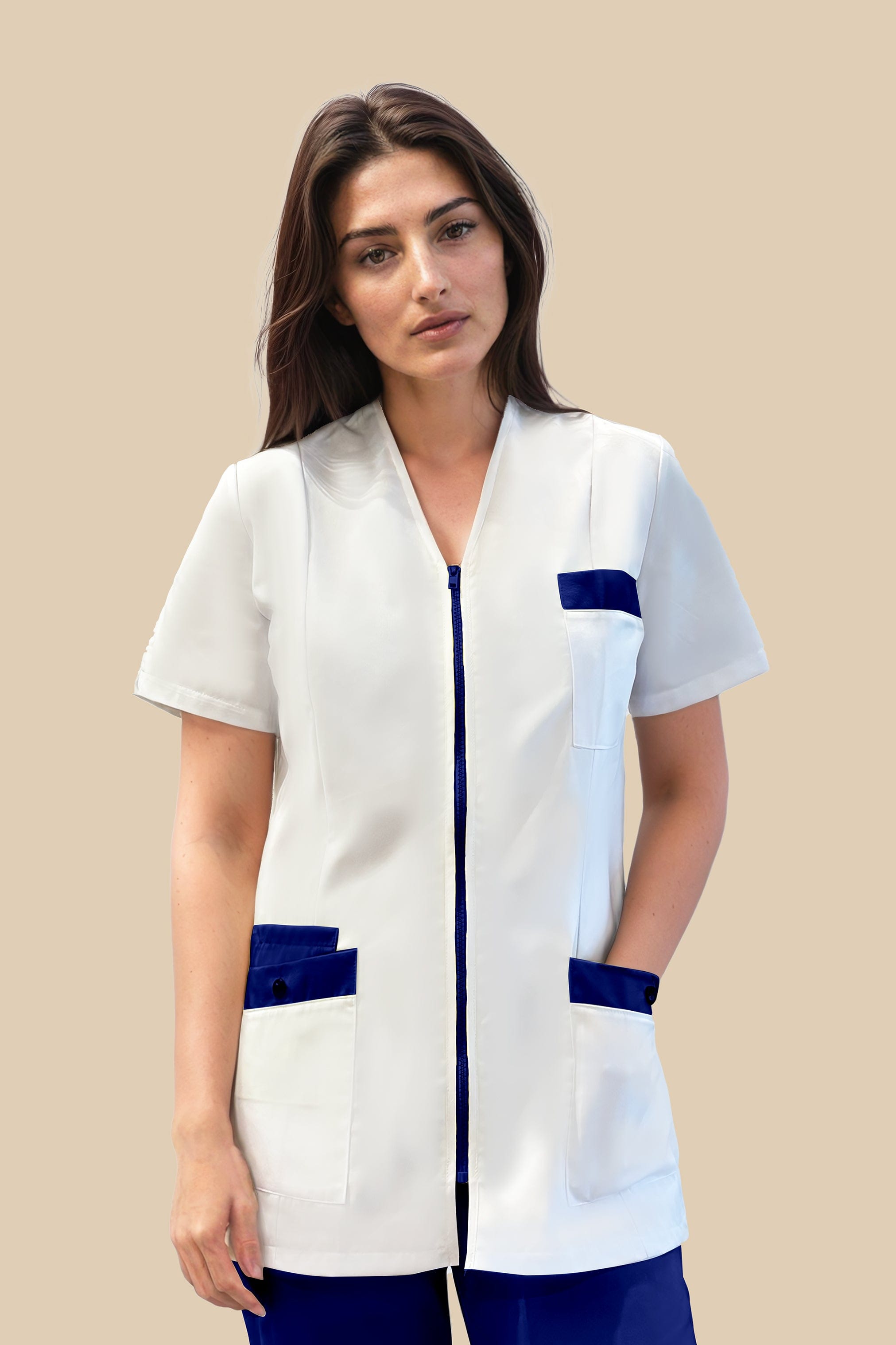SRC Création Blouse Médicale Blouse médicale femme fermeture éclair blanc et marine - ISKA