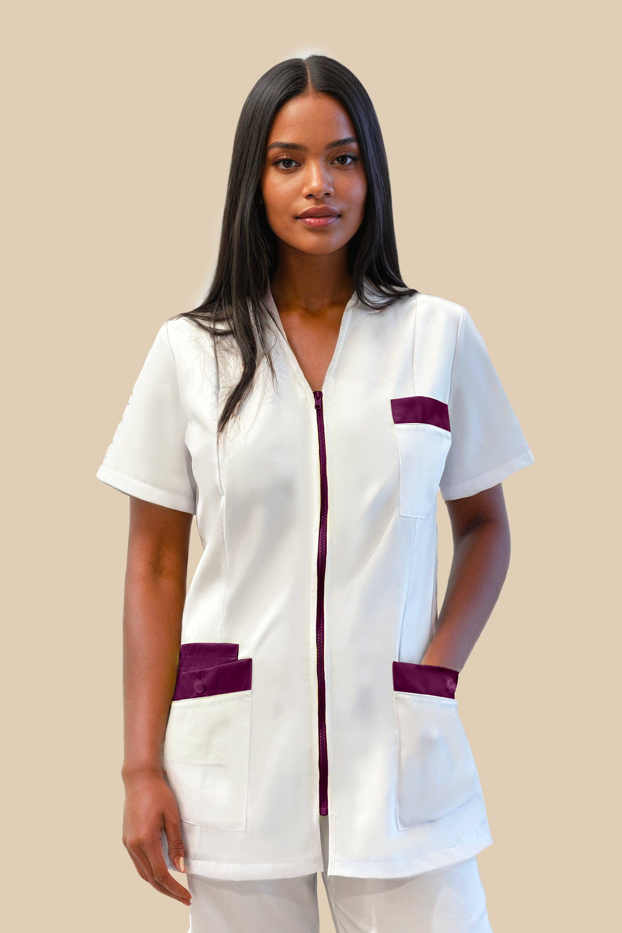 SRC Création Blouse Médicale Blouse médicale femme fermeture éclair blanc et prune - ISKA