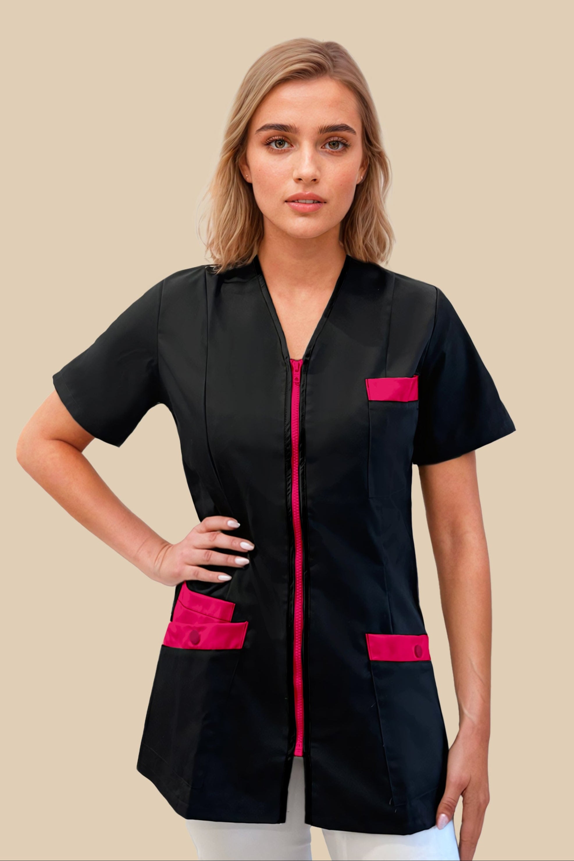 SRC Création Blouse Médicale Blouse médicale femme fermeture éclair noir et fuchsia - ISKA