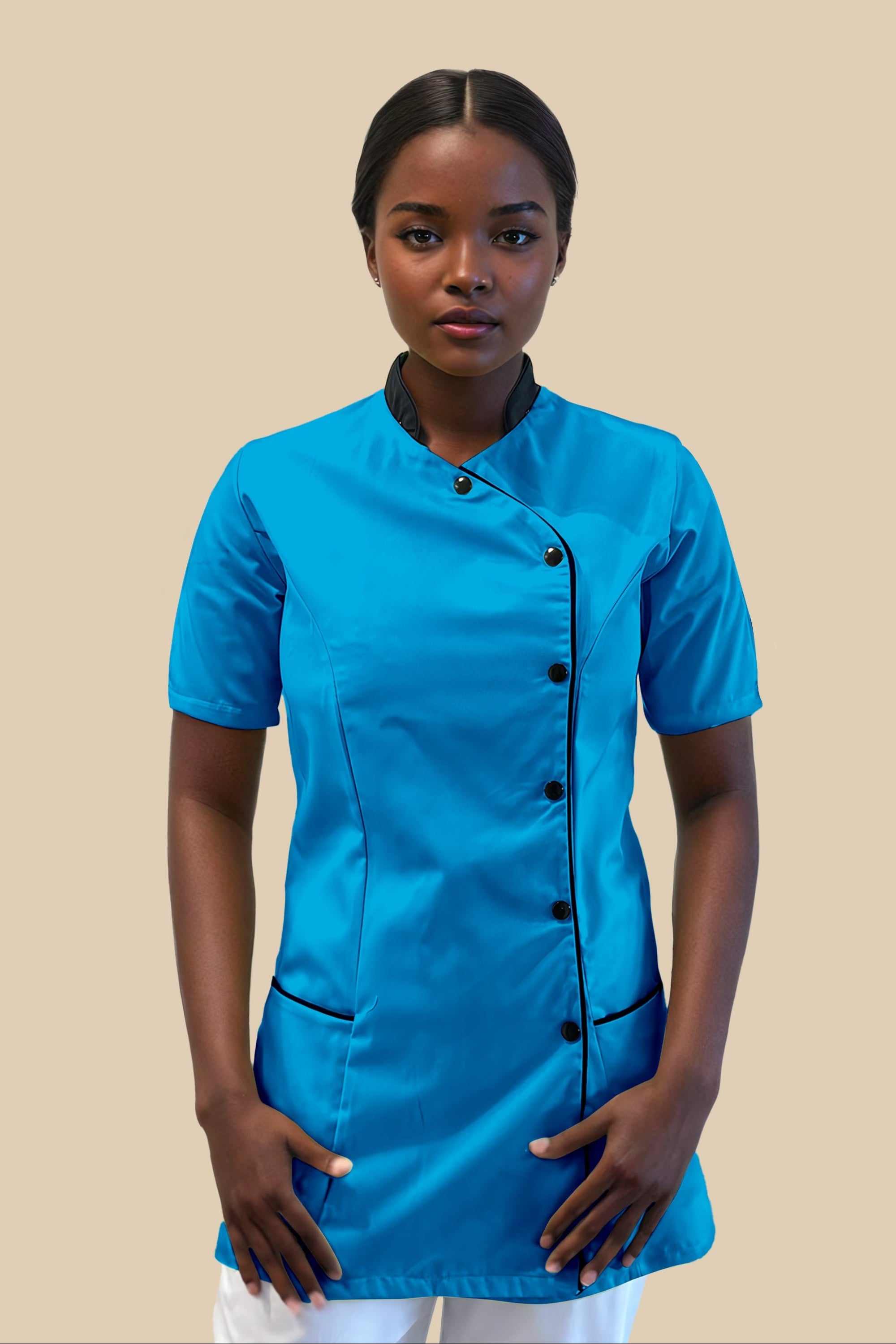 Blouse médicale pour femme, bleu turquoise et noir, asymétrique