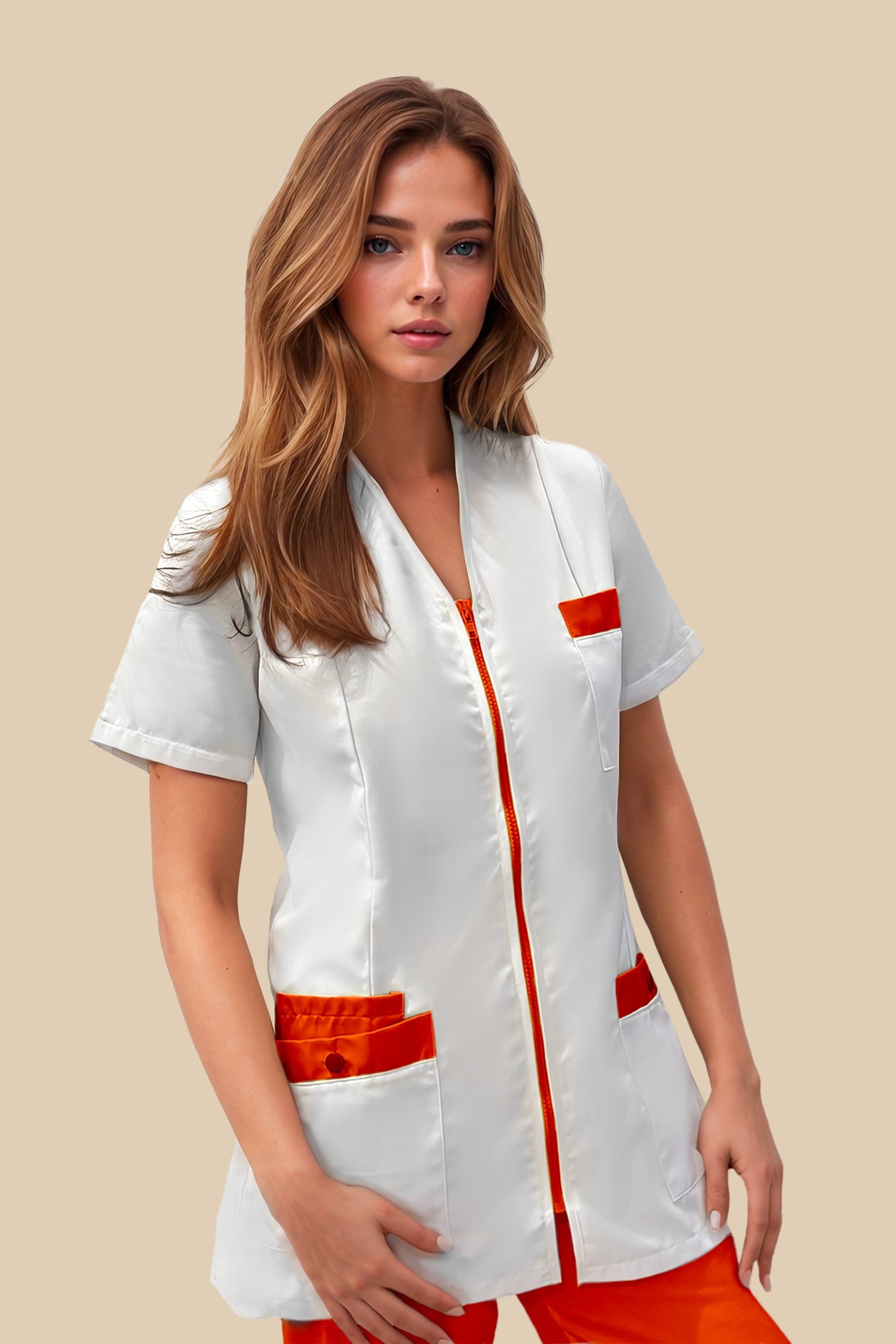 SRC Création Blouse Médicale Blouse médicale femme fermeture éclair blanc et orange - ISKA