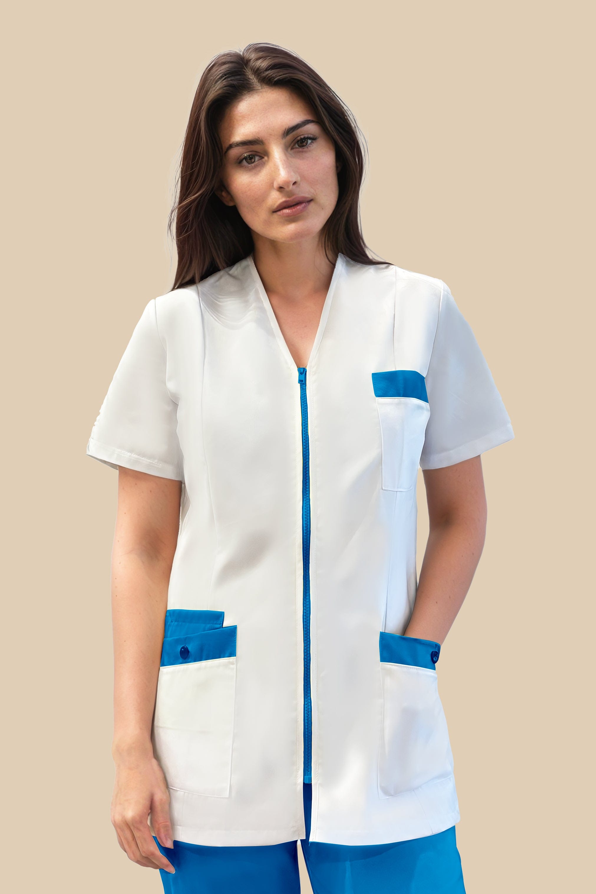 SRC Création Blouse Médicale Blouse médicale femme fermeture éclair blanc et turquoise - ISKA