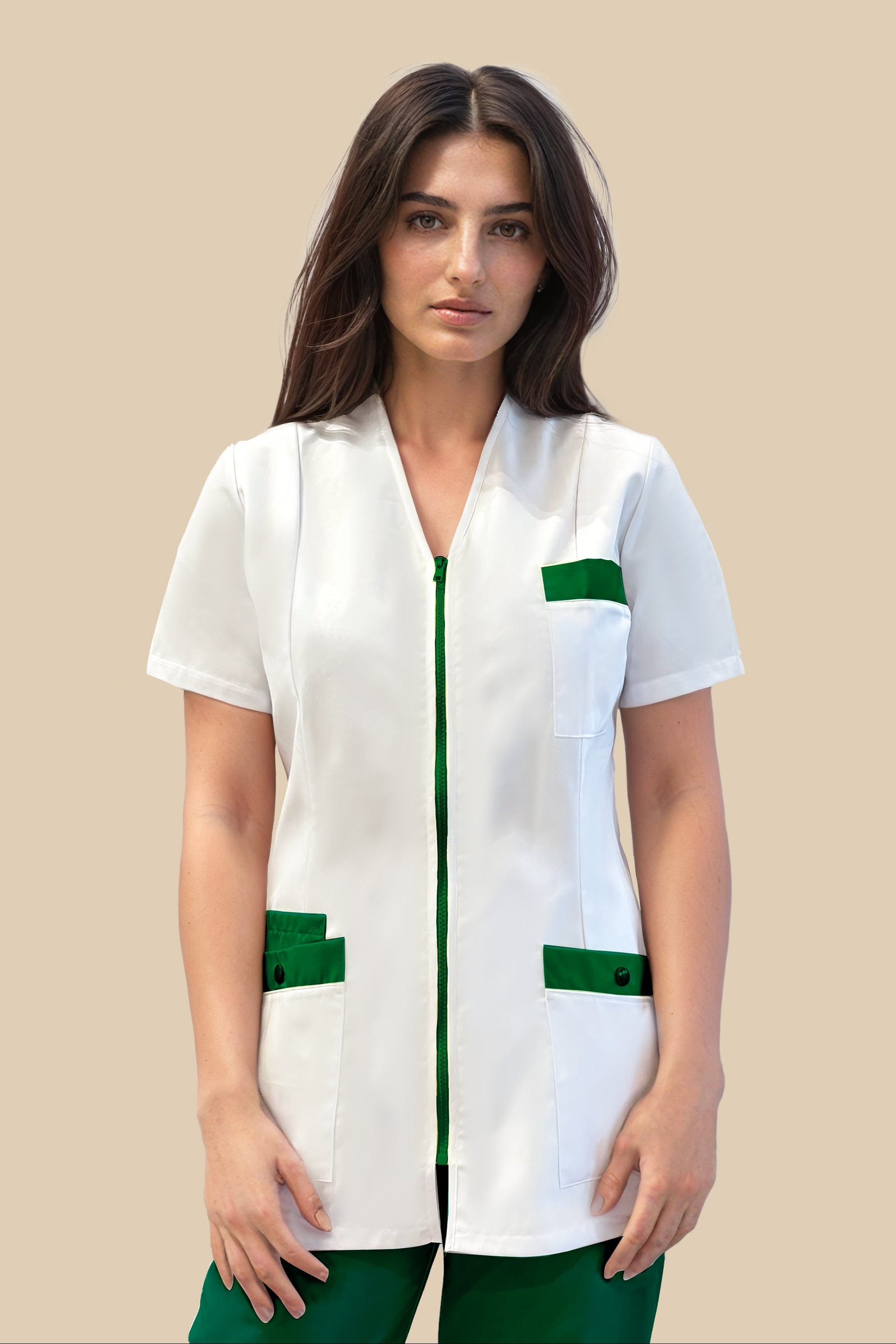 SRC Création Blouse Médicale Blouse médicale femme fermeture éclair blanc et vert - ISKA